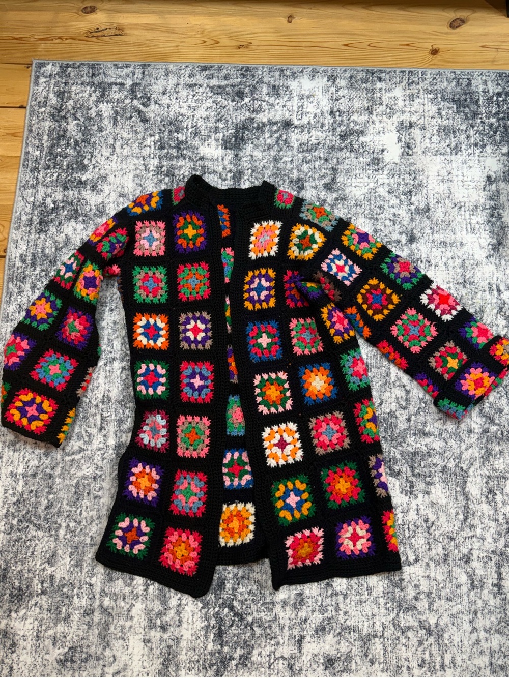 Boho Crochet Granny Square Cardigan - Black Multicolor